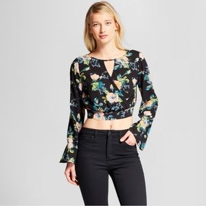 Xhilaration Women's Black Floral Long Sleeve Wrap Top NWT
